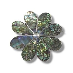 Vintage Mexican Sterling Silver Abalone Flower Brooch Taxco Style 1.65 In